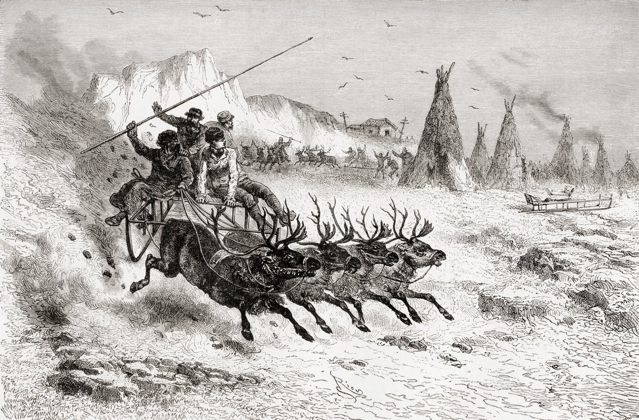 Samojeder fra Caborova på en slæde trukket af rensdyr, 1878 af Edouard Riou