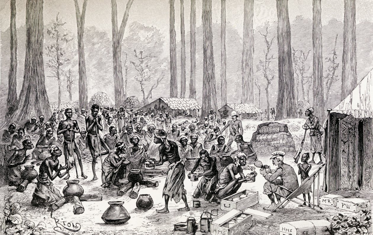 Spejdere, der serverer mælk og smør til bouillon til sultende pygmæer, 1890 (trægravering) af Edouard Riou