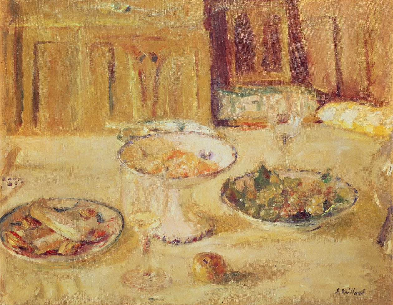 Skåle med frugt og kiks og vinglas af Edouard Vuillard