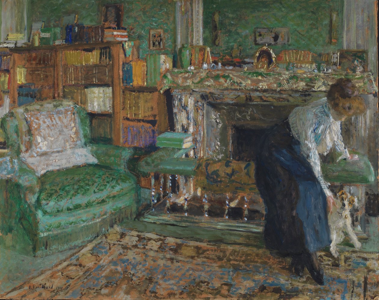 Marguerite Chapin i sin lejlighed med sin hund, 1910 (olie på møllebræt) af Edouard Vuillard