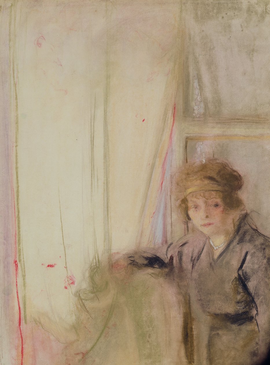 Kvinde læner sig ved et vindue (pastel på papir) af Edouard Vuillard
