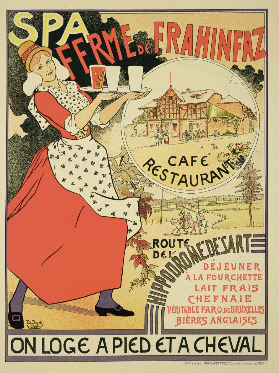 Plakat, der reklamerer for Ferme de Frahinfaz, en café og restaurant nær Spa, Belgien, 1896 af Adolphe Louis Charles Crespin