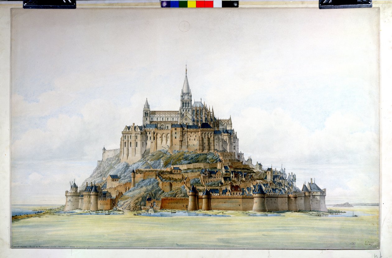 Projekt til restaurering af Mont Saint-Michel (sydsiden), marts 1875 (wc på papir) af Edouard Jules Corroyer
