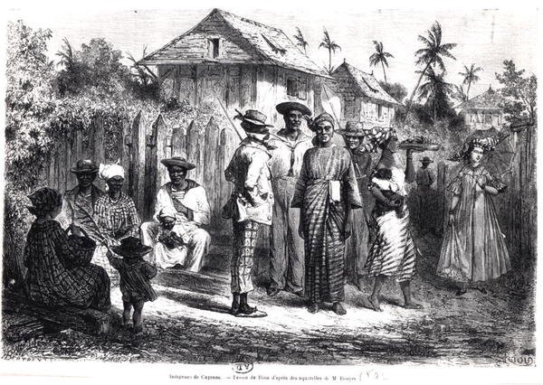 Indfødte i Cayenne, efter akvareller af M. Bouyer, indgraveret af Antoine Valery Bertrand (f.1823) (gravering) (s/h foto) af Edouard (after) Riou