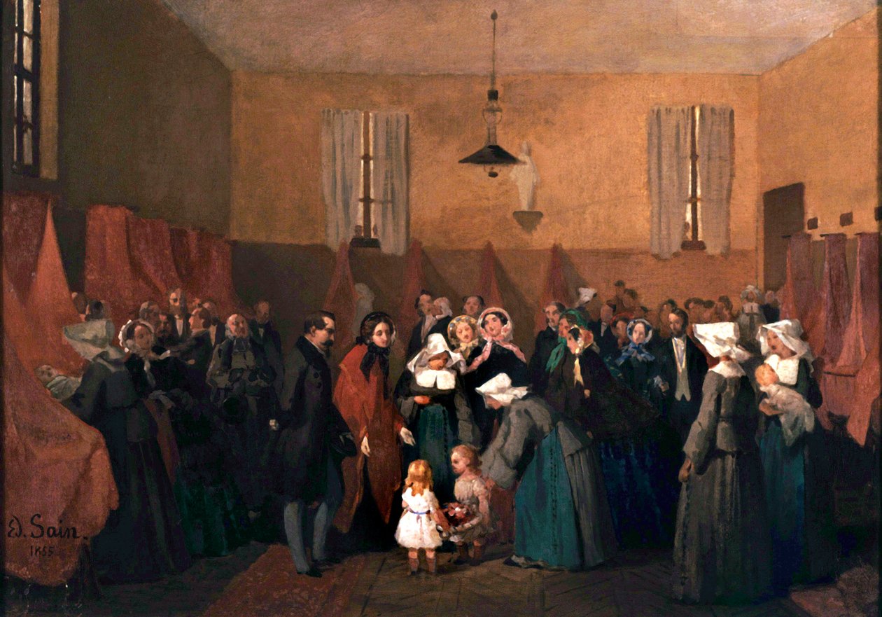 Napoleon III og Eugenias besøg i søster Rosalies vuggestue af Edouard Alexandre Sain