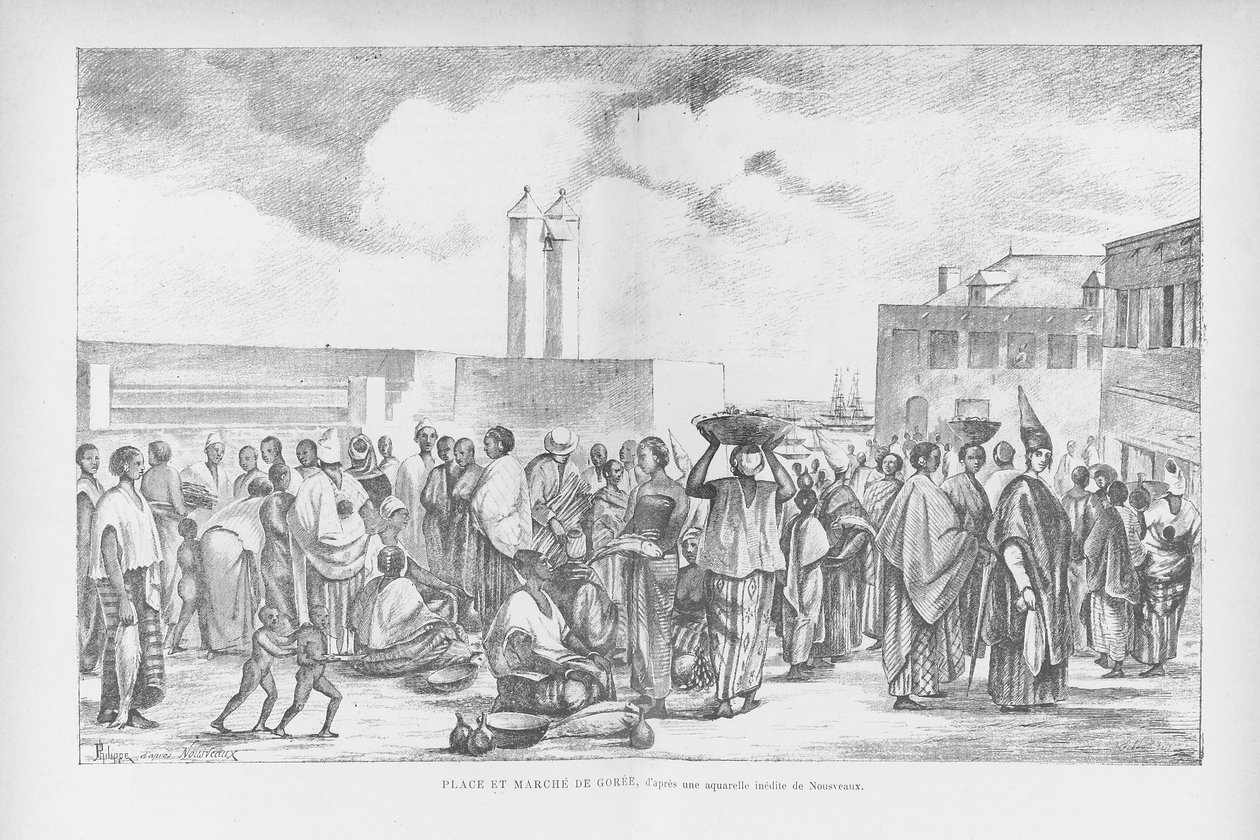Market Place at Goree, illustration fra "Cote Occidentale d"Afrique..." af Henri Frey, 1890 af Edouard Auguste Nousveaux