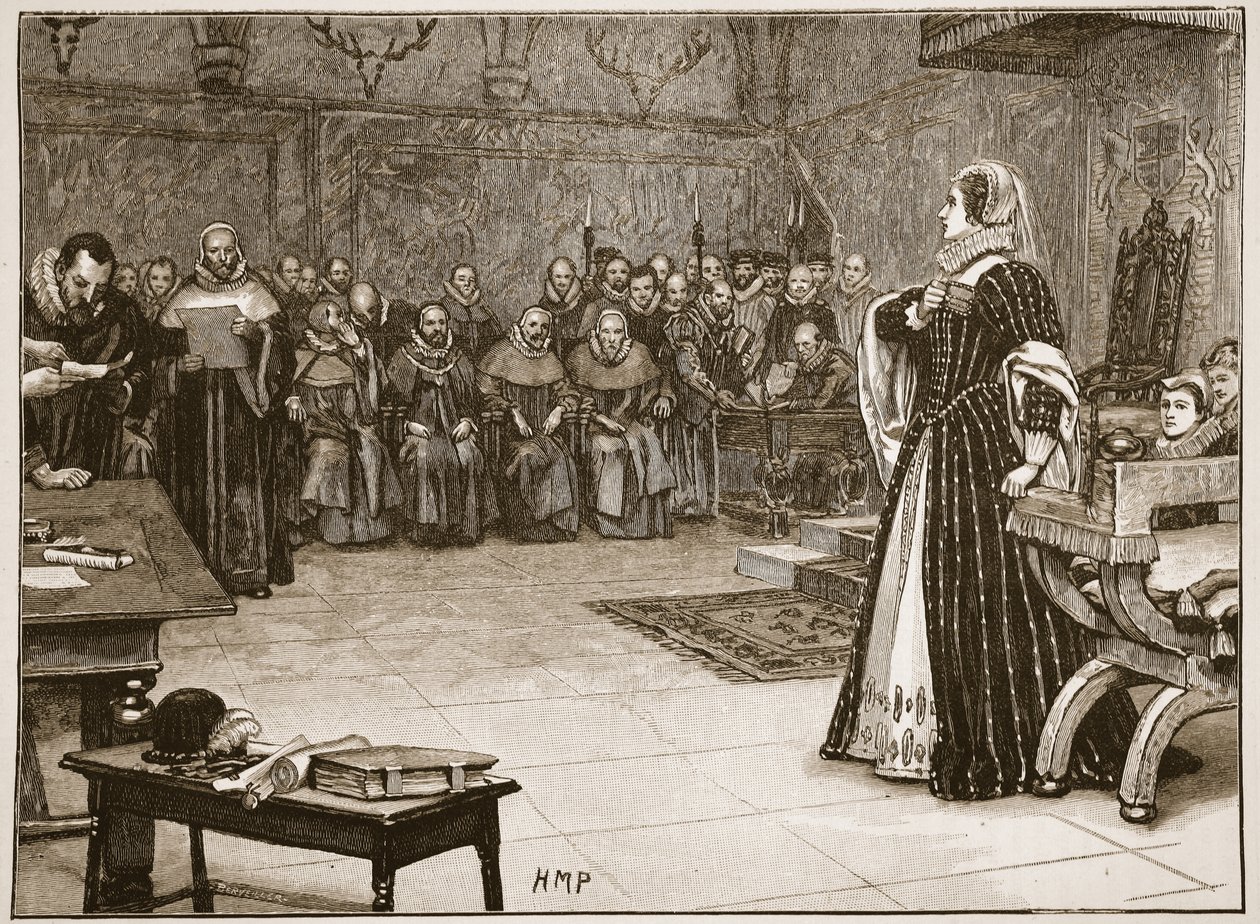 Retssag mod Mary Queen of Scots i Fotheringhay Castle, illustration fra 