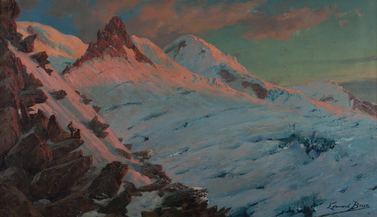 To bjergbestigere ankommer til Les Grands Mulets (Mont-Blanc-massivet) (Olie på pap) af Edouard Brun
