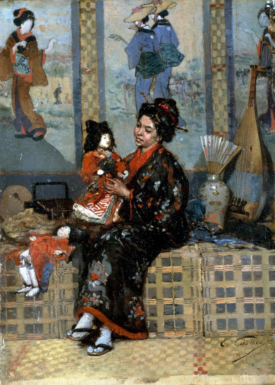 Den nye dukke. Kvinde i kimono med en porcelænsdukke (eller marionet). Indflydelse fra Japan og Fjernøsten på europæisk impressionistisk maleri. Maleri af Edouard Castres (1838-1902) af Edouard Castres
