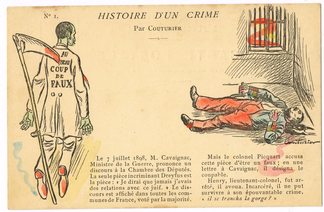 Postkort, satirisk i farver: Dreyfus affære - Henry Oberst Illustration af Couturier (1869-1935) af Edouard Couturier