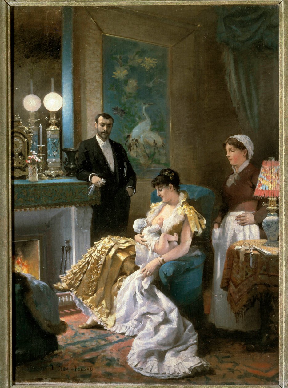 Før bal En mor i aftenkjole fodrer sin baby ind i brystet, inden hun går ud med sin mand og overlader barnet til stuepigen. Maleri af Edouard Debat Ponsan (1847-1913). 1886. Kunstmuseets Rundvisninger af Edouard Debat Ponsan