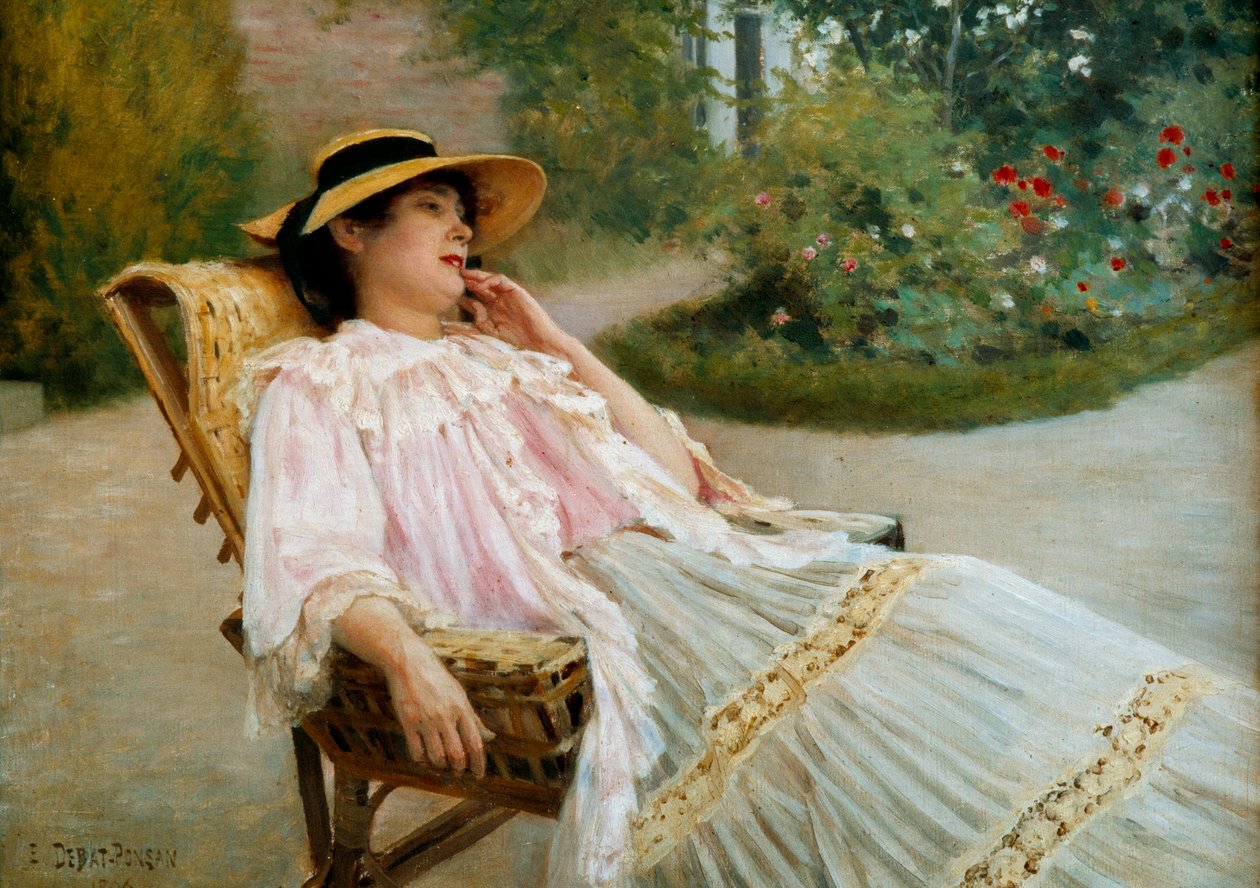 Luren Madame Edouard Debat Ponson på terrassen. Maleri af Edouard Debat Ponsan (1847-1913) af Edouard Debat Ponsan