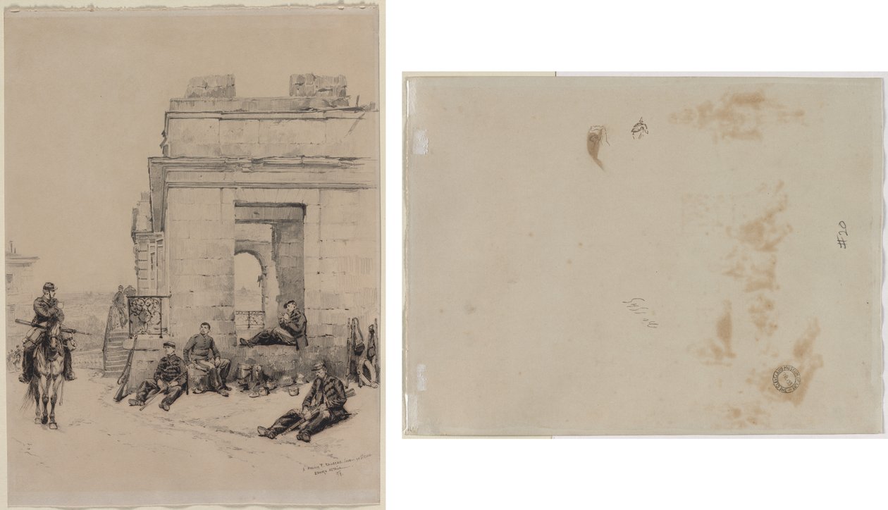 Soldater hviler (recto) Skitse af en mand med løftet arm og skitse af en hjelm (verso) af Edouard Detaille