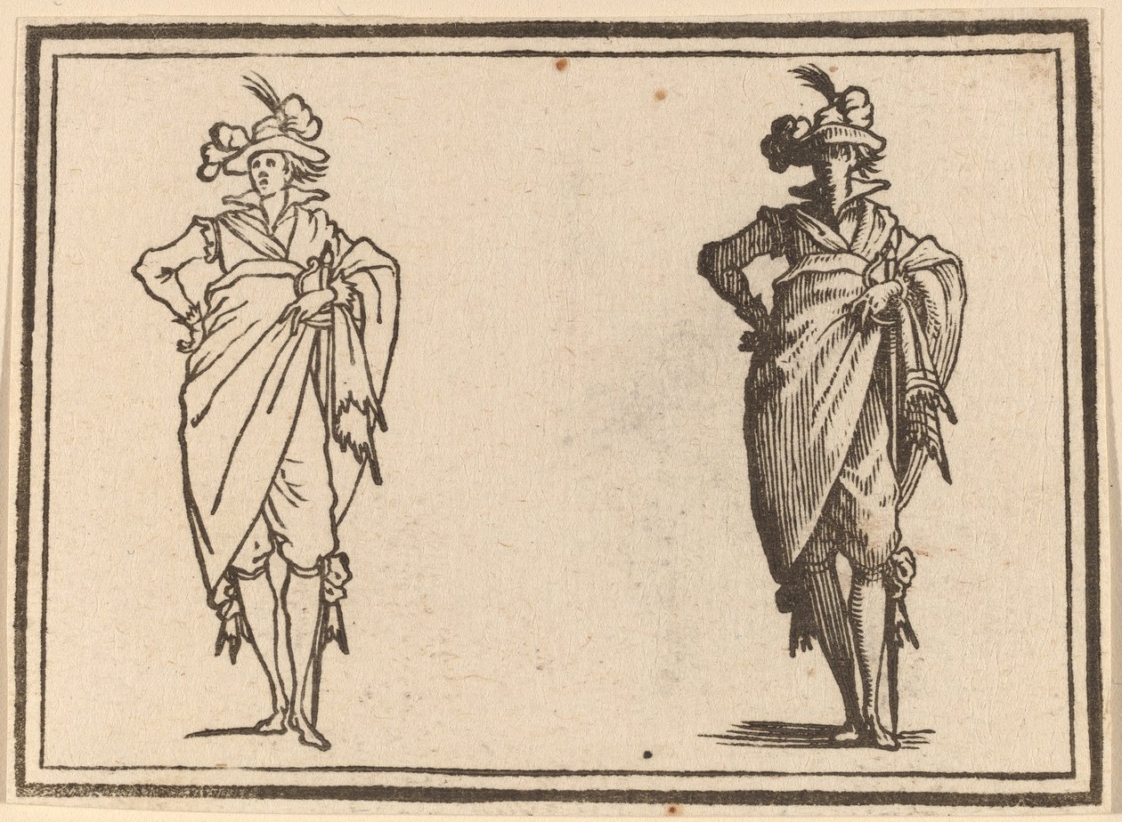 Gentleman set forfra med hånden på hofterne af Edouard Eckman after Jacques Callot