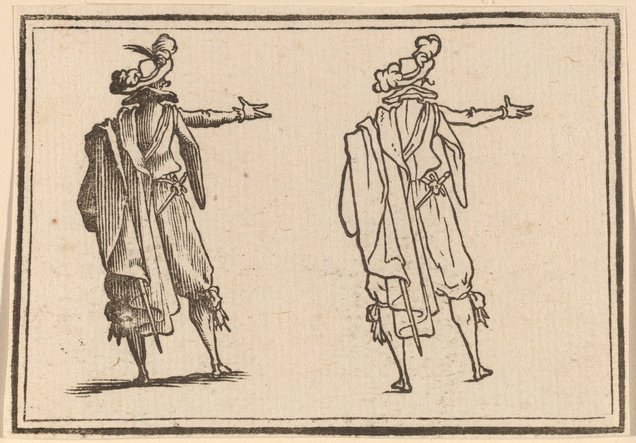 Mand set bagfra med højre arm udstrakt af Edouard Eckman after Jacques Callot
