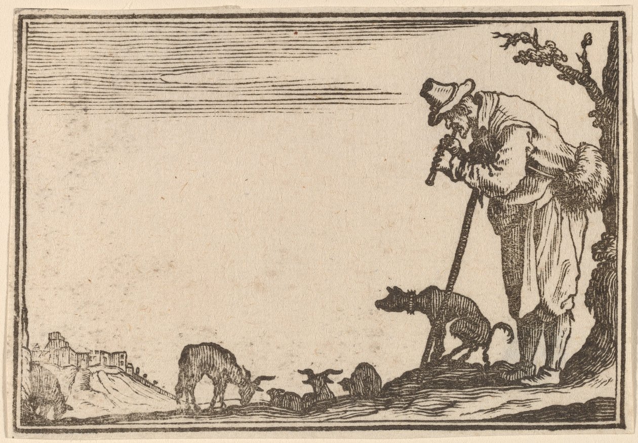 Hyrde, der spiller fløjte af Edouard Eckman after Jacques Callot