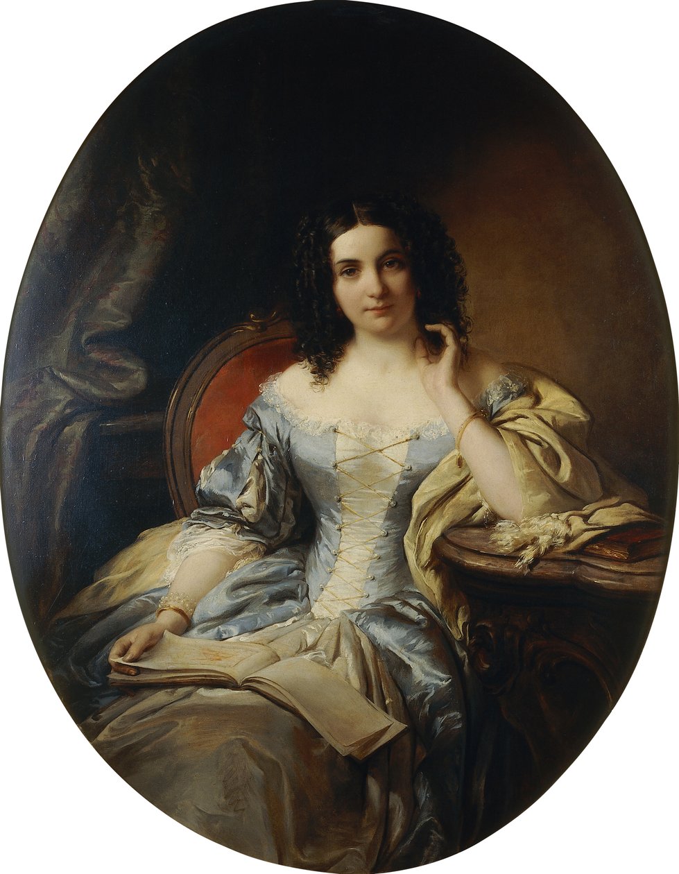 Portræt af en siddende Dame i en blå og hvid Kjole; Portræt af en siddende dame i en blå og hvid kjole, 1853 af Edouard Ender