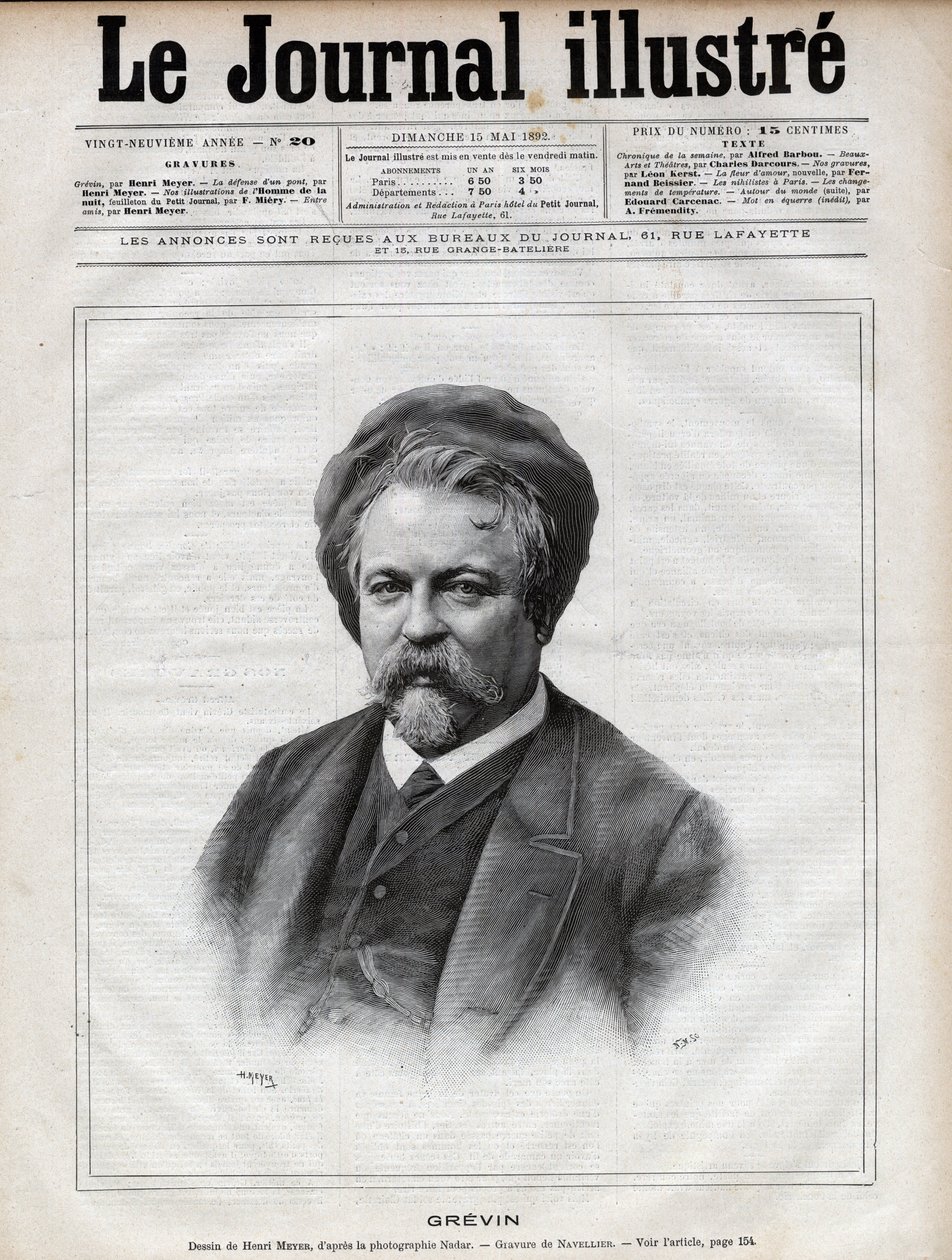 Alfred Grevin (1827-1892) billedhugger, tegneserietegner, tegneserietegner, tegneserietegner og designer af franske teaterkostumer - Indgravering af Navellier efter Nadars foto i "The Illustrous Journal" fra 1892 af Edouard Felicien Eugene Navellier