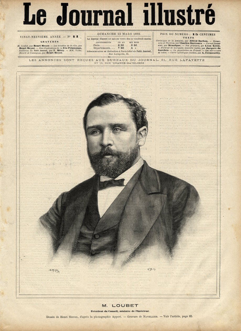 Emile Loubet (1836-1929) i 1892 (præsident for rådet - indenrigsminister) Indgravering af Navellier i "The Illustrous Journal" fra 1892 af Edouard Felicien Eugene Navellier