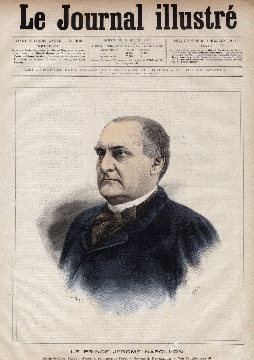 Jerome Bonaparte dit Plon (Plonplon) (1822-1891) (Napoleon-Jerome Bonaparte eller Prins Jerome Napoleon), søn af Jerome Bonaparte (1784-1860) - Indgravering af Navellier i "The Illustrous Journal" fra 1891 af Edouard Felicien Eugene Navellier