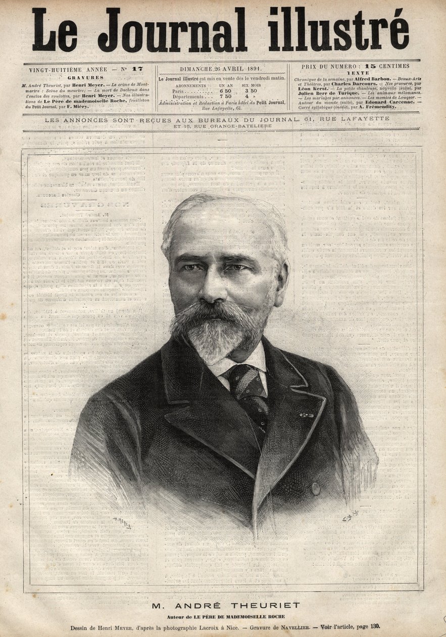 Portræt af Andre Theuriet (1833-1907), fransk romanforfatter, digter og akademiker - Indgravering af Navellier i "Le journal illustrious"" fra 1891 af Edouard Felicien Eugene Navellier