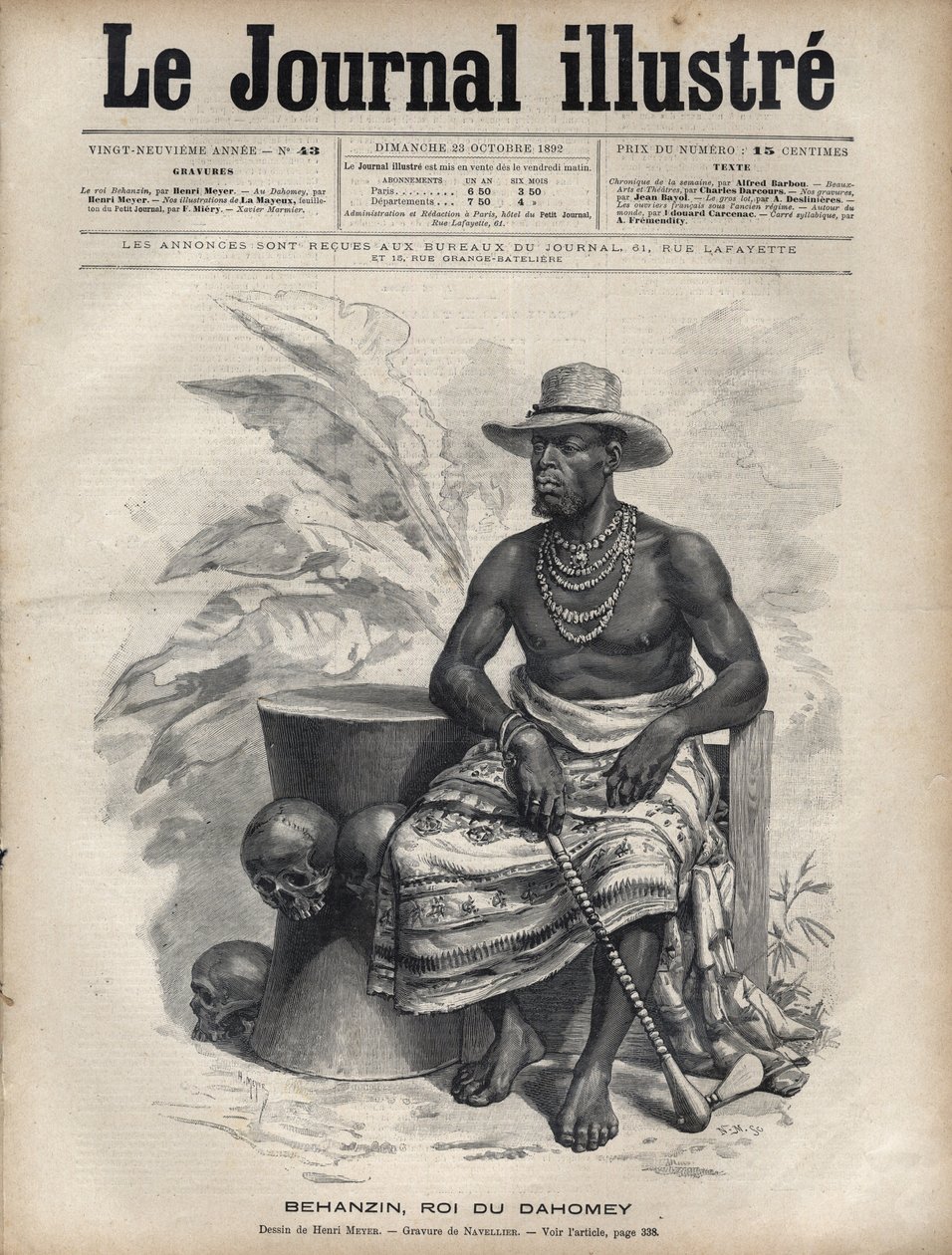 Portræt af Behanzin (1844-1900), konge af Dahomey (Benin) - Indgravering af Navellier i "The Illustrous Diary"" fra 1892 af Edouard Felicien Eugene Navellier