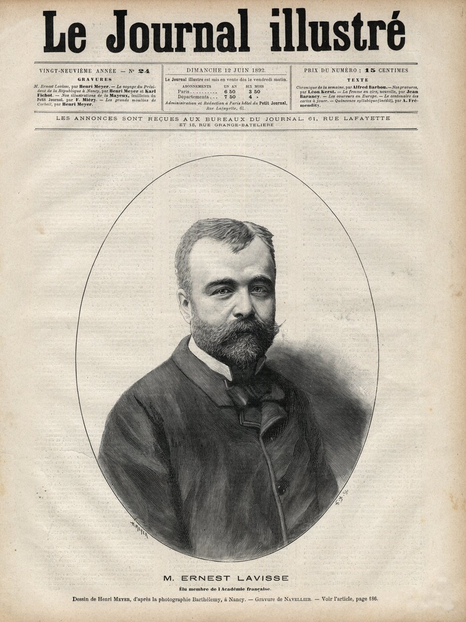 Portræt af Ernest Lavisse (1842-1922), fransk historiker og akademiker - Indgravering af Navellier i "Le journal illustrious"" fra 1892 af Edouard Felicien Eugene Navellier
