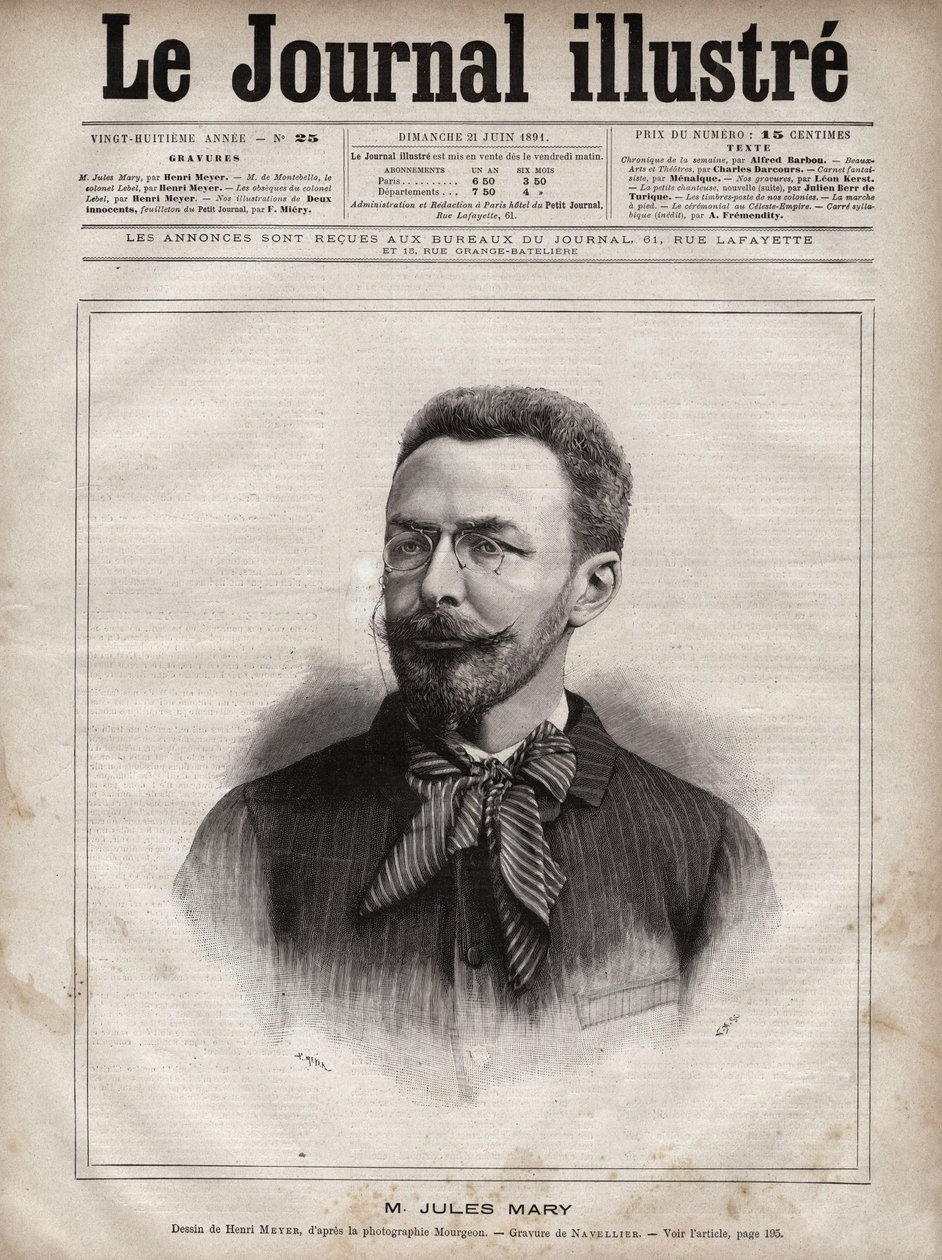 Portræt af Jules Mary (1851-1922), fransk forfatter - Indgravering af Navellier i "The Illustrous Journal" fra 1891 af Edouard Felicien Eugene Navellier