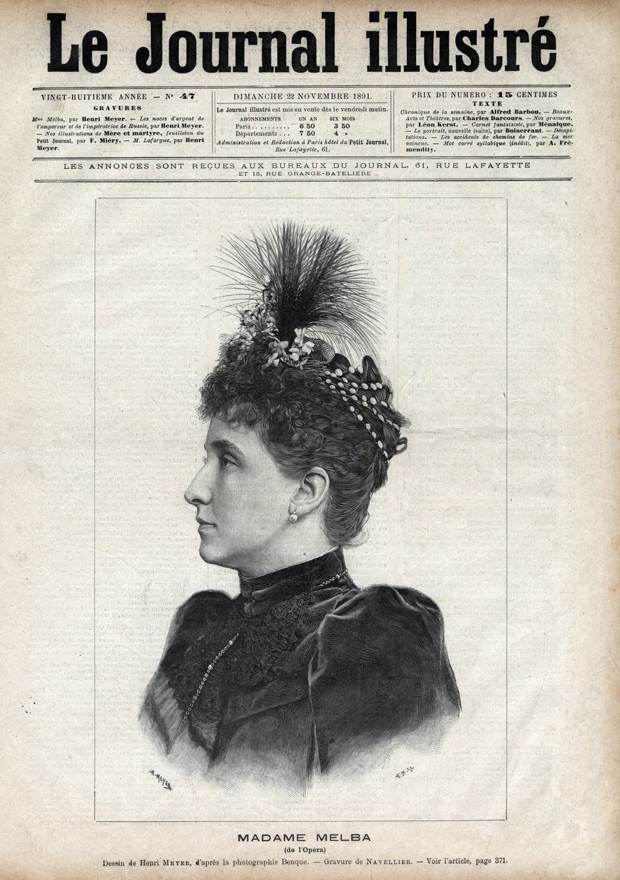 Portræt af Nellie Melba (Helen Porter Mitchell, dit) (1861-1931), australsk sopran - Indgravering af Navellier i "The Illustrous Journal" fra 1891 af Edouard Felicien Eugene Navellier