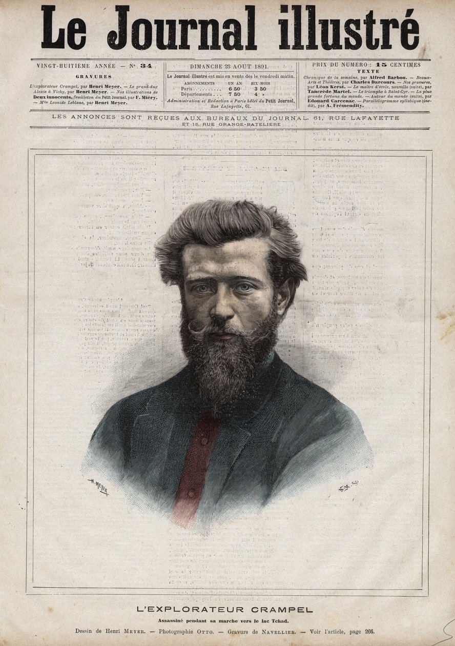 Portræt af Paul Crampel (1864-1891), fransk opdagelsesrejsende i Centralafrika - Indgravering af Navellier i "The Illustrous Diary"" fra 1891 af Edouard Felicien Eugene Navellier