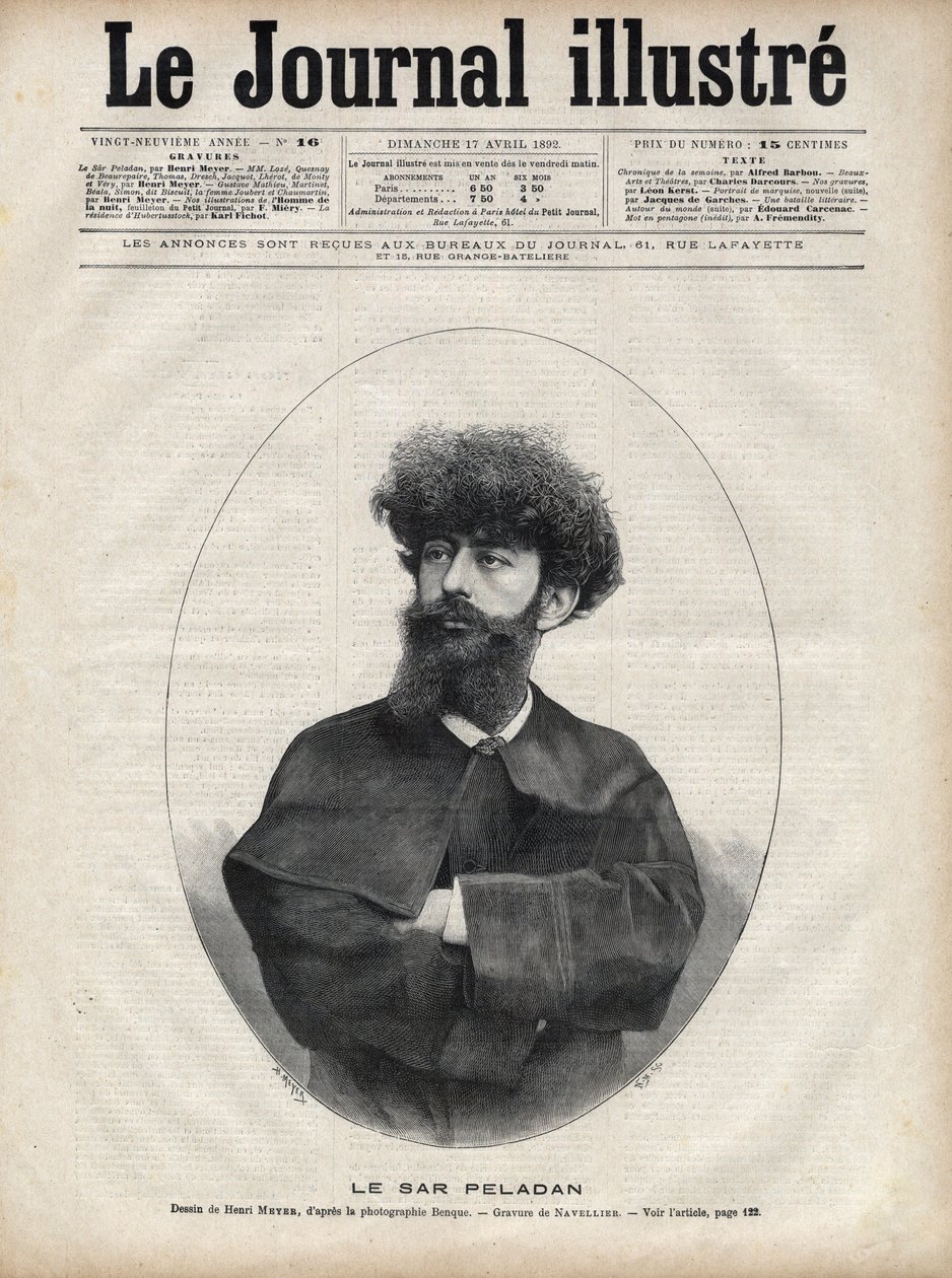 Sar Merodack Josephin Peladan, pseudonym for Josephin Peladan (1858-1918) fransk forfatter og okkultist - Indgravering af Navellier i "The Illustrous Journal" fra 1892 af Edouard Felicien Eugene Navellier