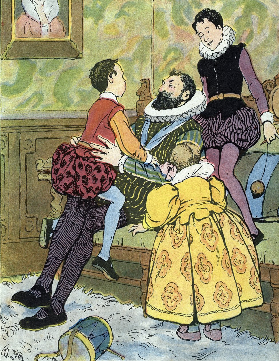 Konge af Frankrig Henri IV leger med sine børn (1553-1610) Illustration af Edouard Zier i "Nos-Gloriers-Nationales"" 1920 Collection privee af Edouard Francois Zier