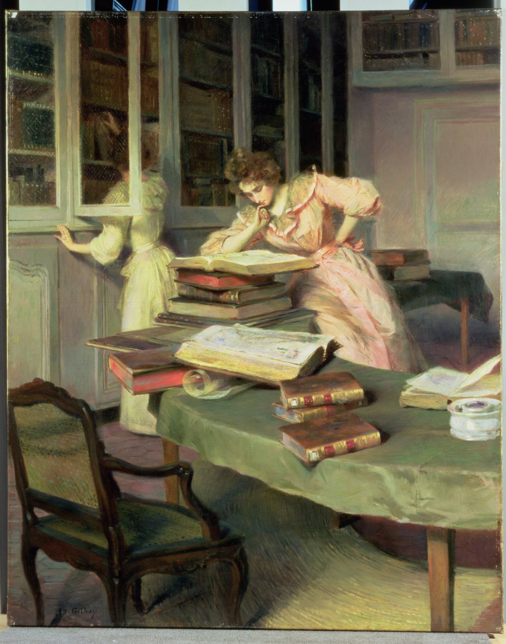 Elegante kvinder på et bibliotek af Edouard Gelhay