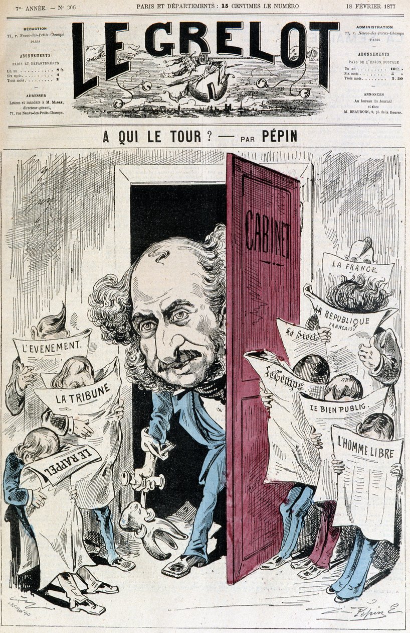 (Tegnefilm om aviscensur) - af Pépin, i "" Le Grelot"" af 18/02/1877 af Edouard Guillaumin Pepin