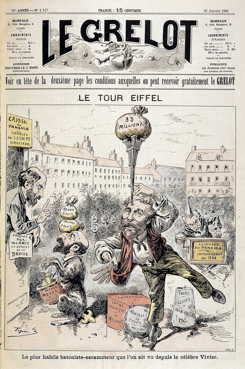 Tegneserie om finansielle skandaler "" Eiffeltårnet: den dygtigste batonist - retraktor set siden den berømte Vivier"". Forside "" Le Grelot"" af 22. januar af Edouard Guillaumin Pepin