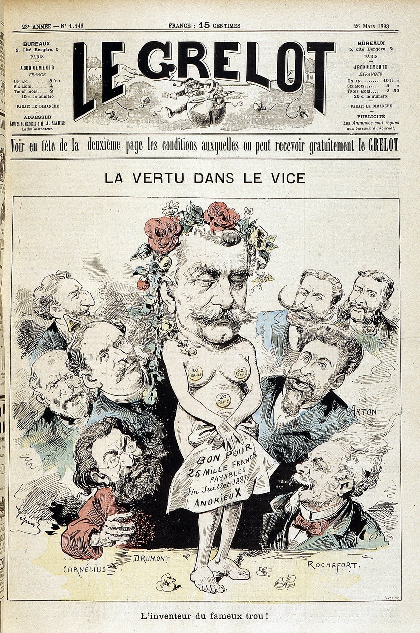 Tegnefilm om Panama-skandalen: "Dyd i lasten: opfinderen af det berømte hul!" - Couv. "Le Grelot" af 26. marts af Edouard Guillaumin Pepin