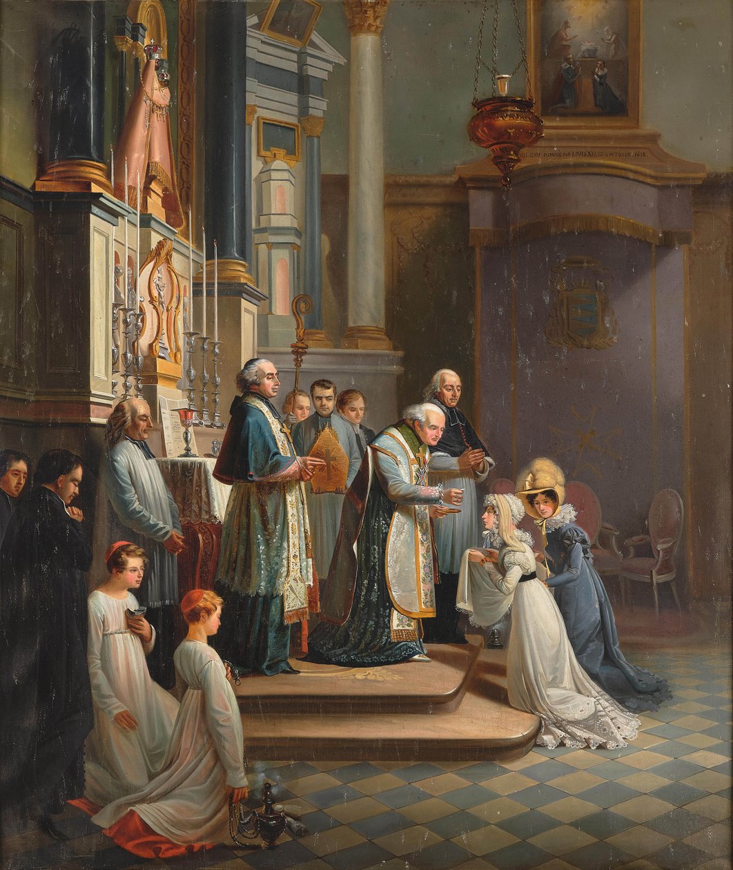Besøg af hertuginden af Berry til kirken Notre Dame de Liesse i april 1819. af Édouard Henri Théophile Pingret