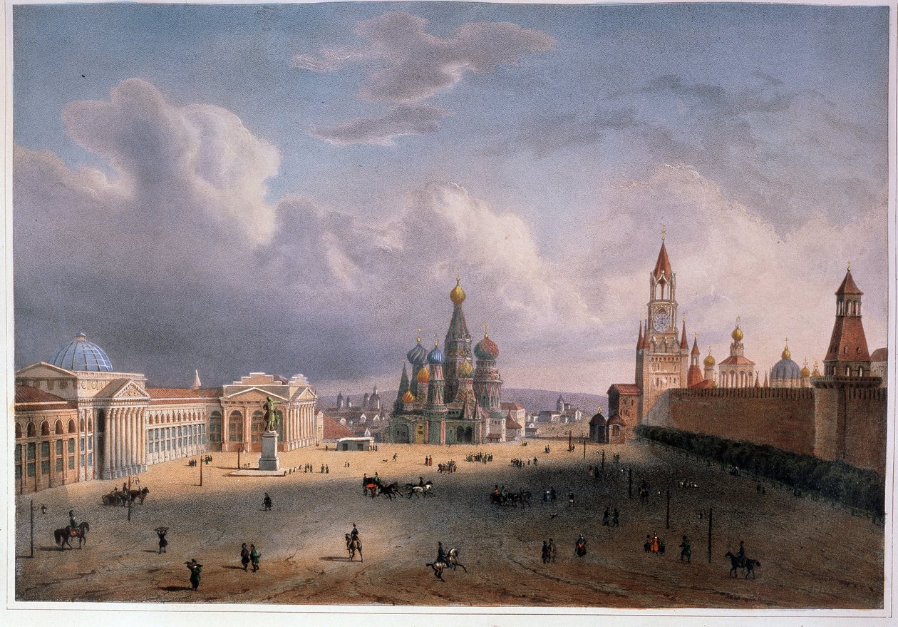 Udsigt over Den Røde Plads i Moskva (Rusland). Værk af Edouard Jean Marie Hostein (1804-1889), litografi farvet i akvarel, ca. 1830, fransk kunst fra det 19. århundrede. A. Pushkin Memorial Museum, Sankt Petersborg. af Edouard Jean Marie Hostein