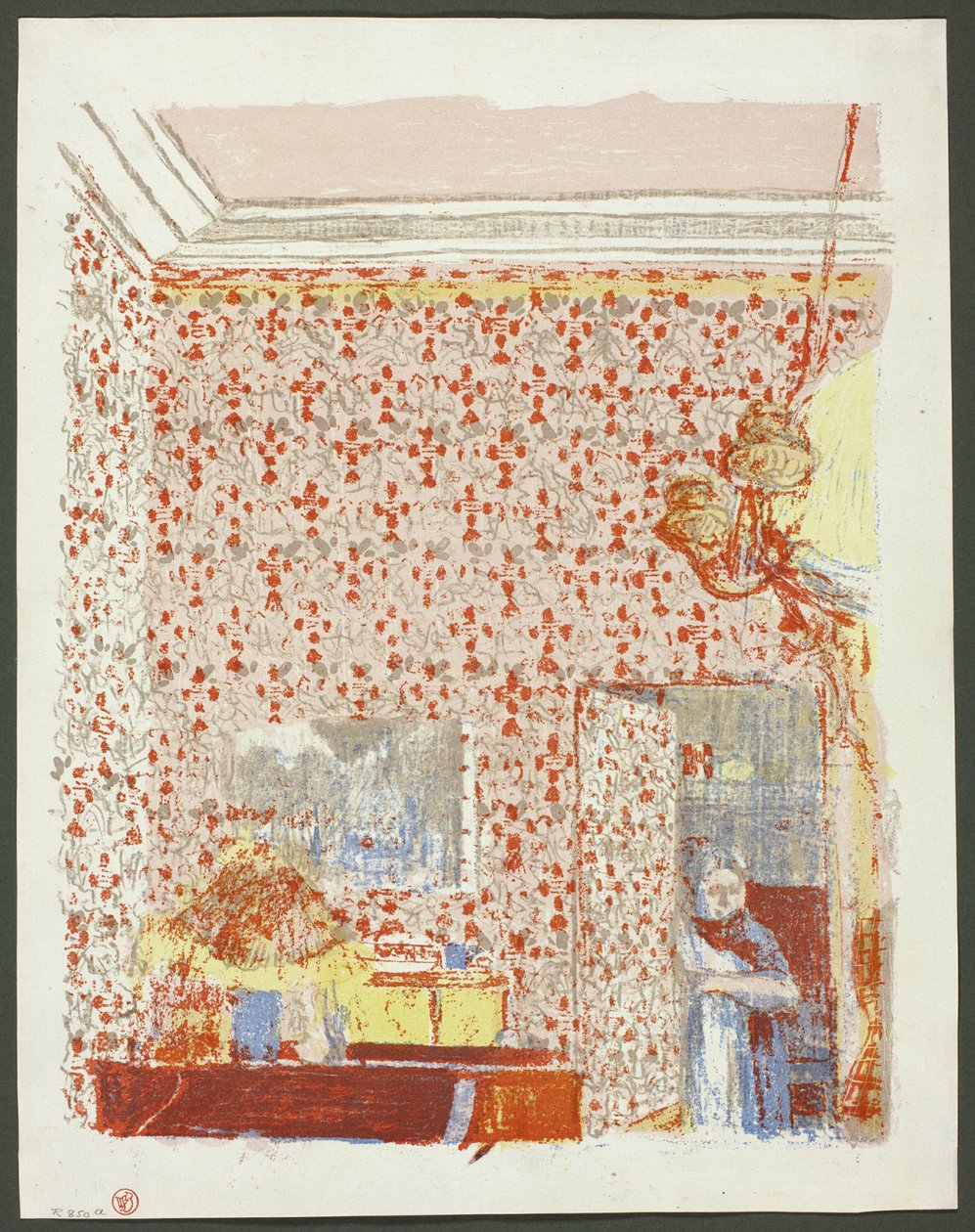 Interiør med lyserødt tapet I, plade fem fra Landskaber og interiører af Édouard Jean Vuillard