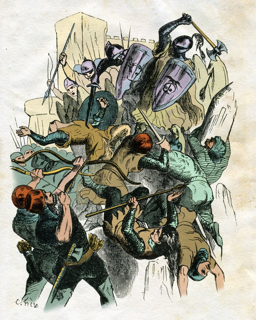 Illustration af Edouard Frere (1797-1874) og Theodore Lix (1830-1897) til "" Ivanhoe "" af Walter Scott (1771-1832), skotsk forfatter: Slagscene, belejring af slot. af Edouard & Lix Theodore (1830-1897) Frere
