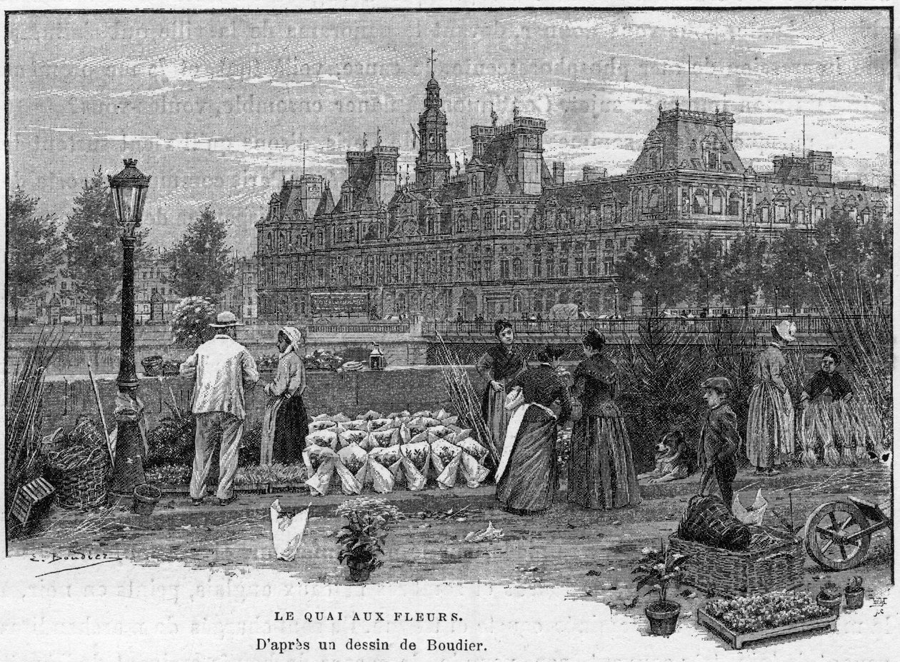 Parisisk scene i det 19. århundrede: blomsterhandlere på blomsterkajen ved Ile de la Cite. Bagerst Paris Rådhus. Indgravering i slutningen af 1800-tallet efter tegning af Boudier I “Verdens hovedstæder: Paris””. af Edouard Louis Boudier