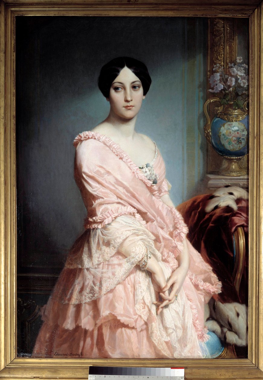 Portræt af Madame F. Maleri af Edouard Dubufe (1820-1883). 19. århundrede. Svag. 1,3x0,89 m. Paris, Musee d
