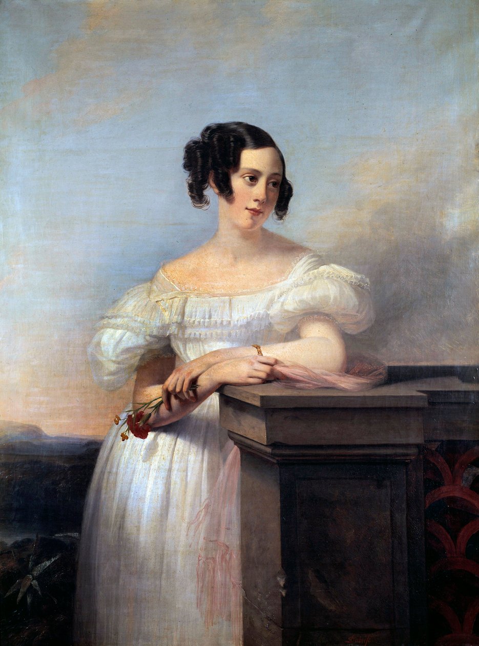 Portræt af en pige med nellikemaleriet af Edouard Louis Dubufe (1820-1883) 1800-tallets Rouen, Musee des Beaux Arts af Edouard Louis Dubufe