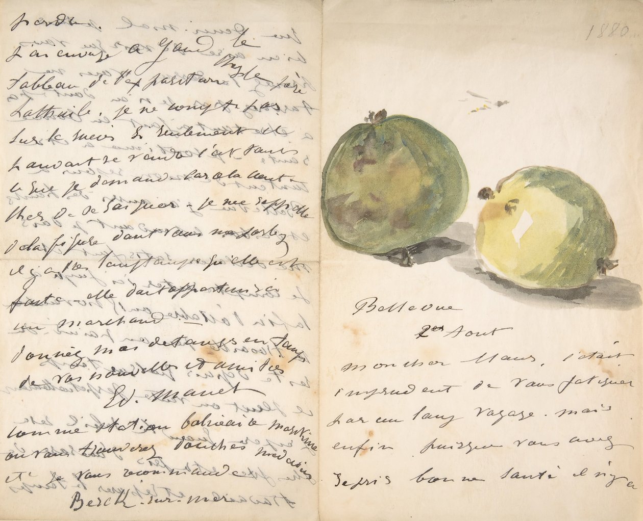 Et brev til Eugène Maus, dekoreret med to æbler, 2. august 1880. af Édouard Manet