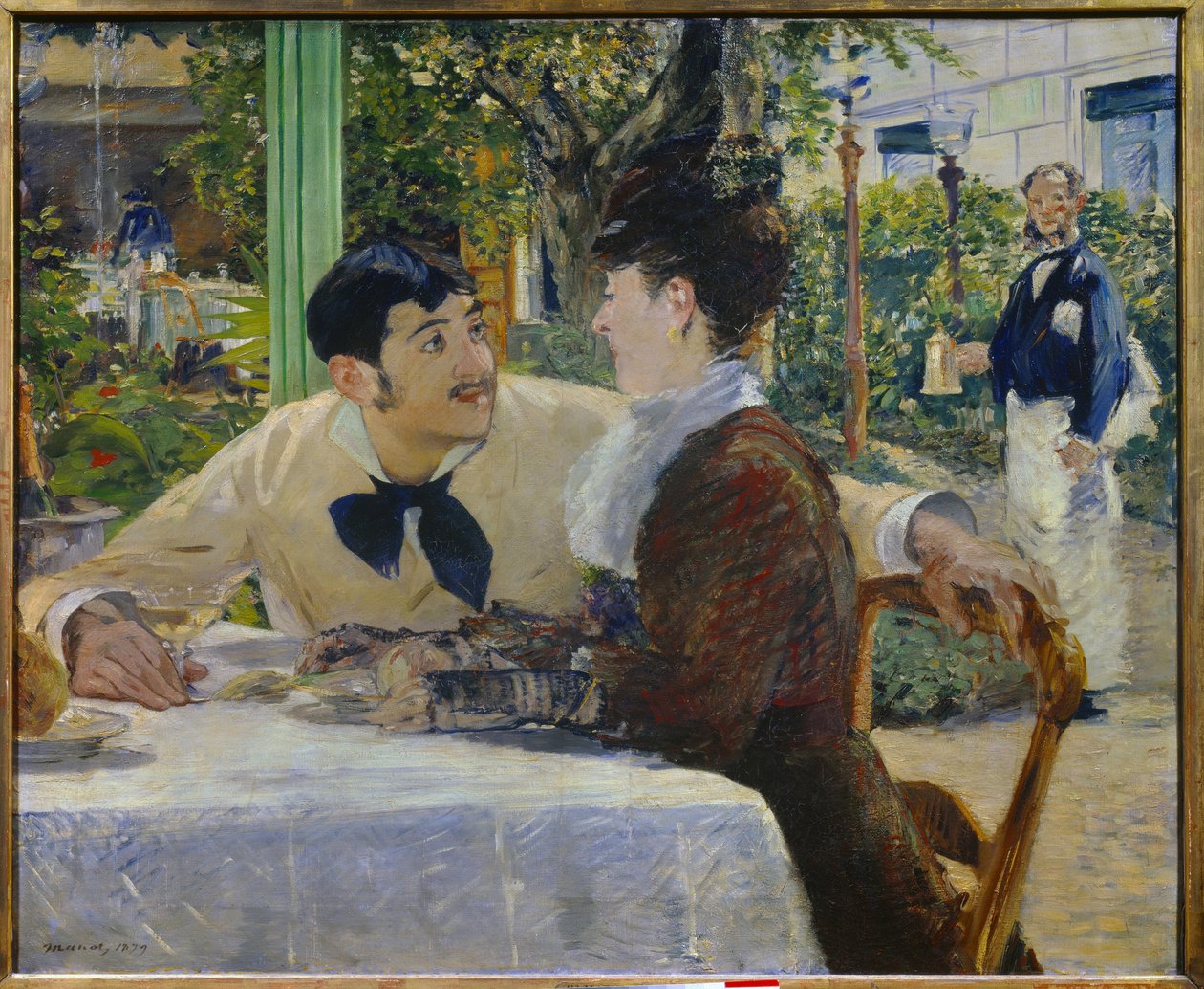 Fader Lathuilles. Udendørs Et par, der drikker et glas champagne på terrassen på en udendørs restaurant nær Place de Clichy i Paris (Montmartre). Maleri af Edouard Manet (1832-1883) 1879 Tournai. Museum for Skønne Kunster af Édouard Manet