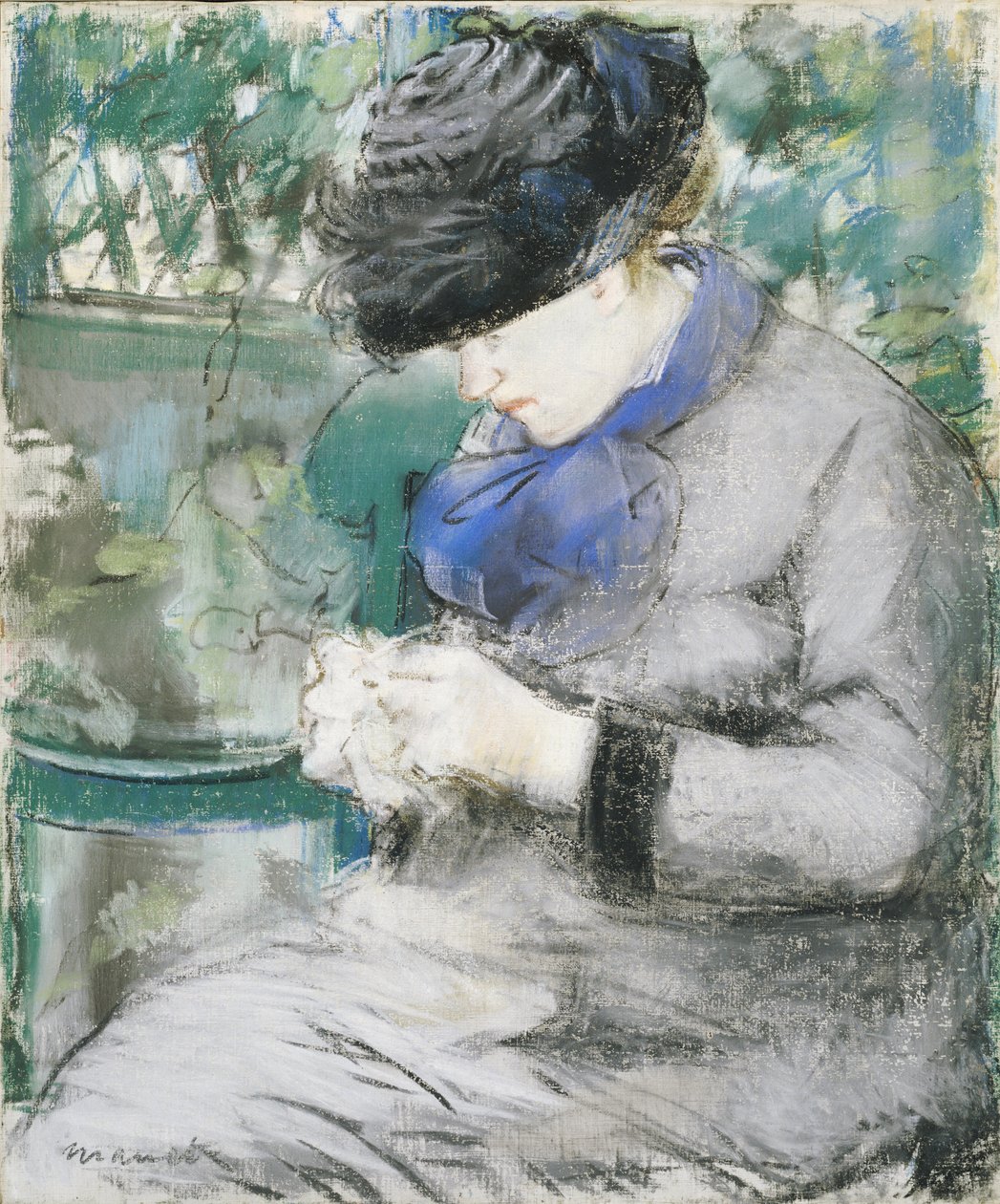 Pige, der sidder i haven, eller strikker, 1879 af Édouard Manet