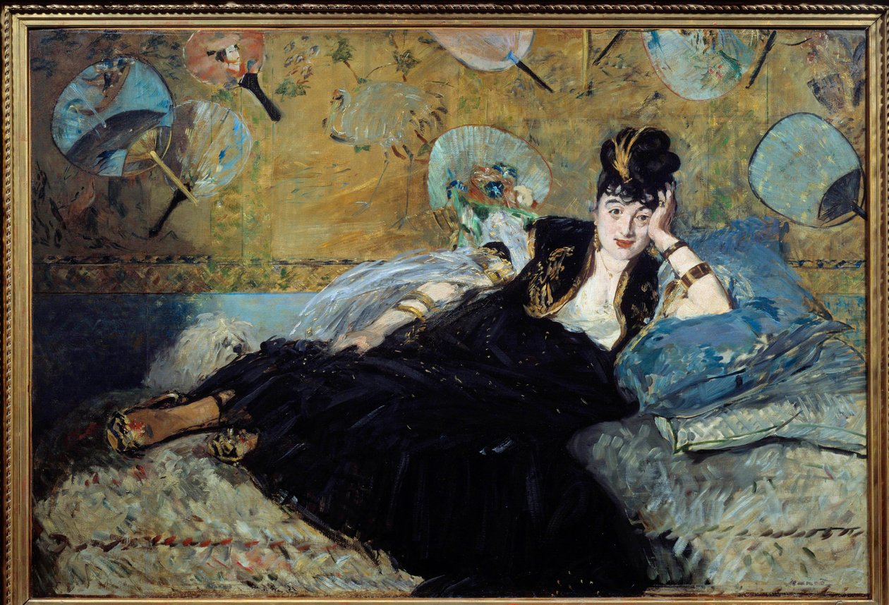La dame aux eventtails ou "" Portræt af Nina de Callias (1844-1884) eller Nina de Villard"" Hun holdt en meget berømt salon i slutningen af det 19. århundrede. Maleri af Edouard Manet (1832-1883) 1873 søn. 1,13x1,66 m Paris, musee d