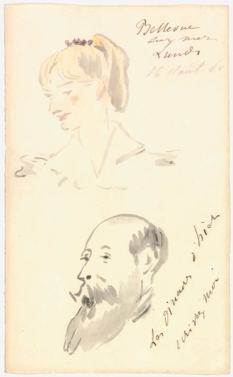 Manet - Hoved af en kvinde og hoved af en skægget mand, 1880 af Édouard Manet