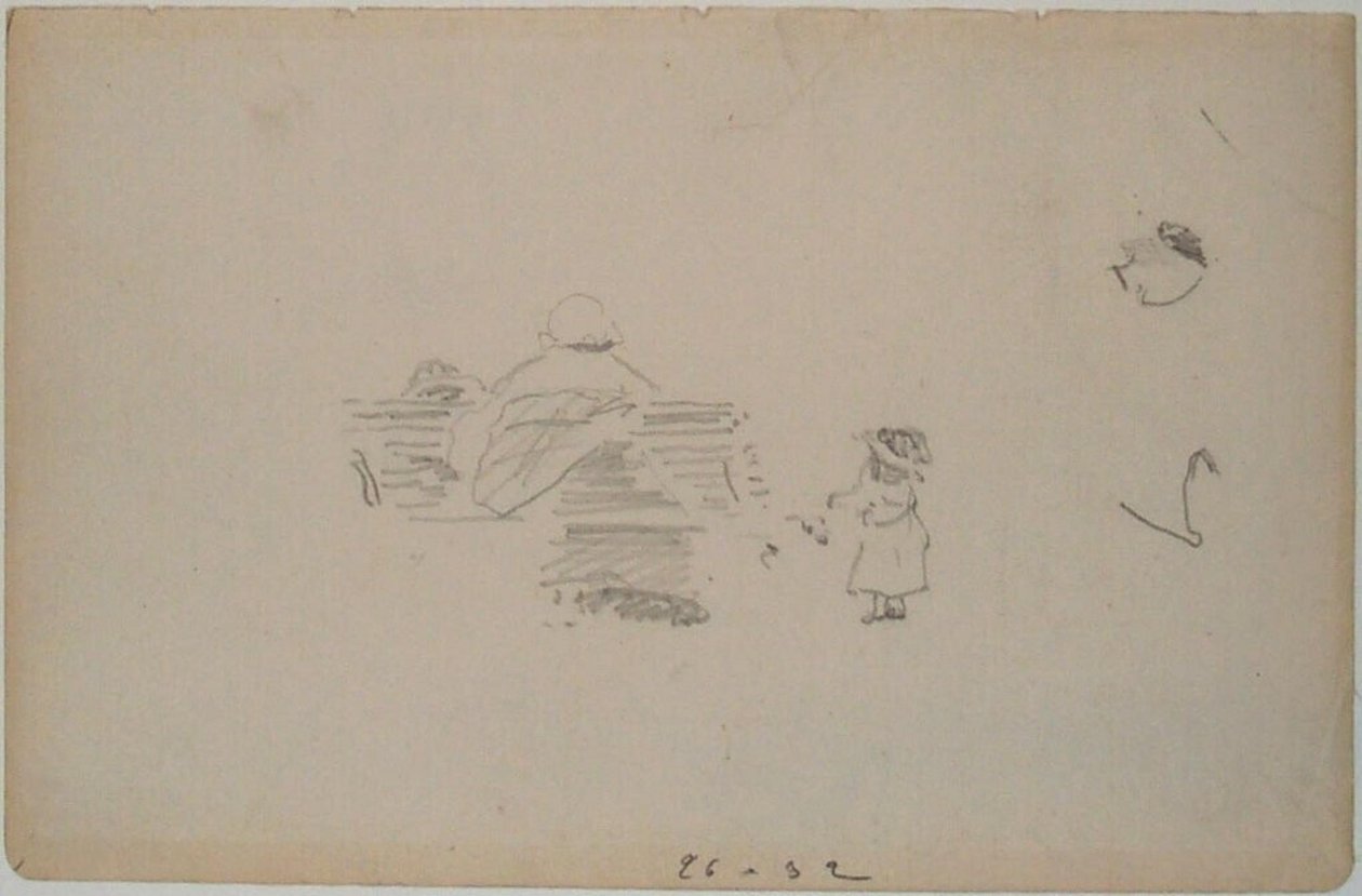 Manet - Skitse af en kvinde, der sidder på en bænk, og et barn, der står tæt på (blad fra en skitsebog), ca. 1864-1868 af Édouard Manet