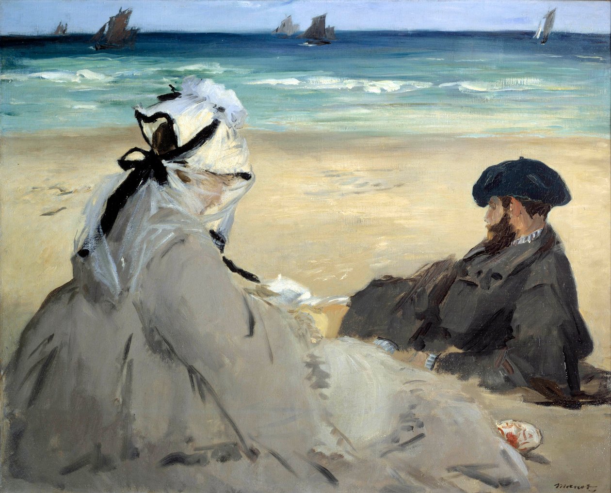 På stranden Repræsentation af Suzanne Manet, kone til kunstneren og hans bror Eugene på Berck sur mer stranden (Berck-sur-Mer). Maleri af Edouard Manet (1832-1883) Ete 1873 Søn. 0,59x0,73 m Paris musee d